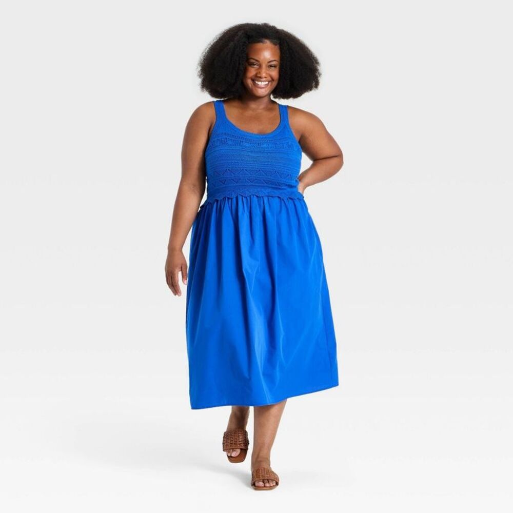 Women's Openwork Mix Media Midi Sweater Dress - Ava & Viv Blue XXL